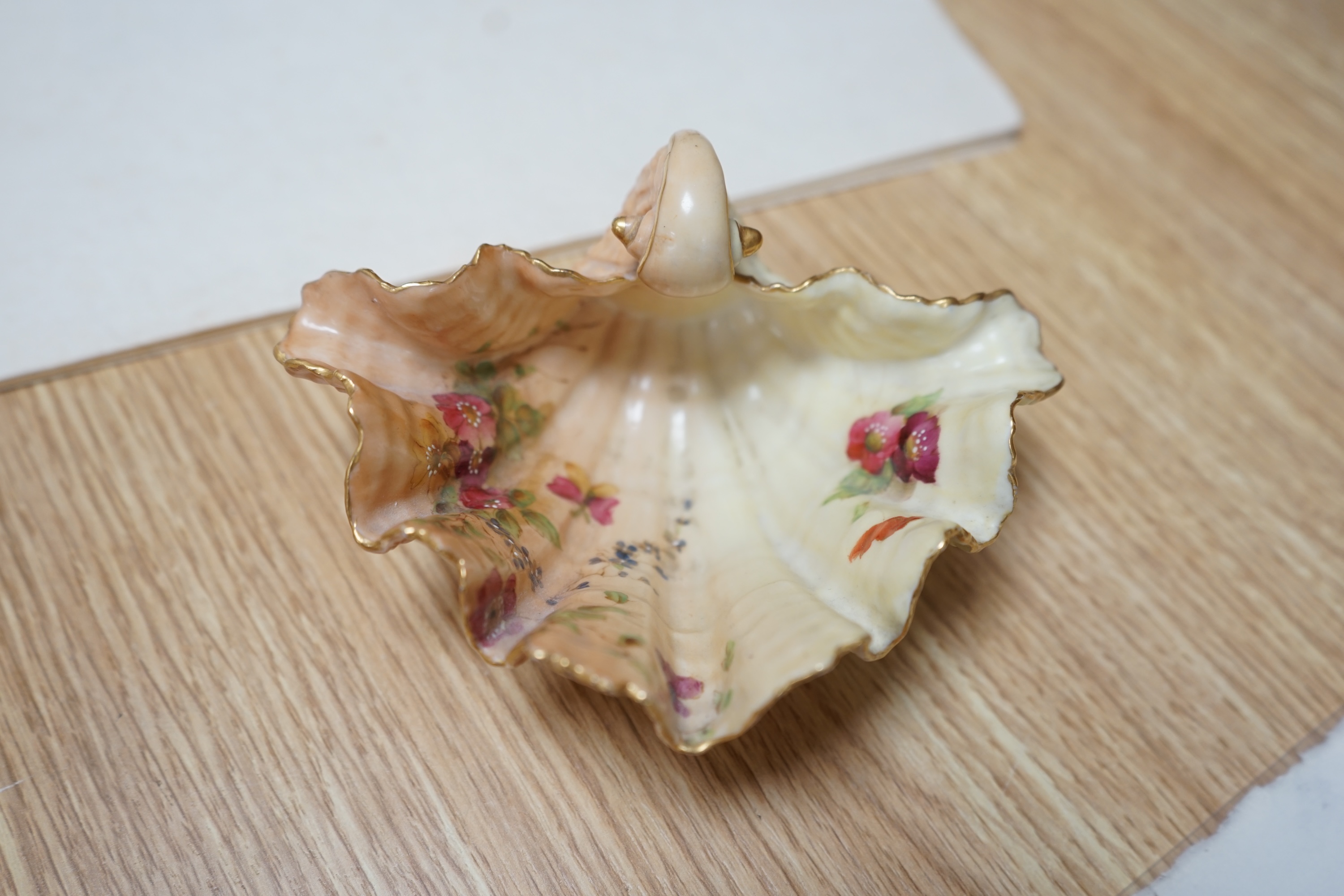 Two Worcester vases comprising blush ivory and one handpainted with roses by A. Watkins, together with a shell dish, largest 25cm high. Condition - largest vase restored